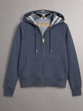 Burberry London England Full Zip Hoodie Blue Check-Lined Hood Size Large